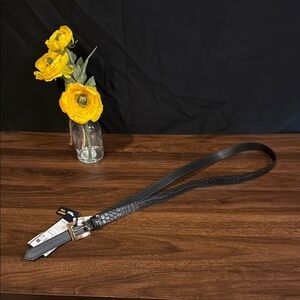 Piombo Women’s Black Embossed Leather Belt Gold Buckle, size Large, size 35, 43”